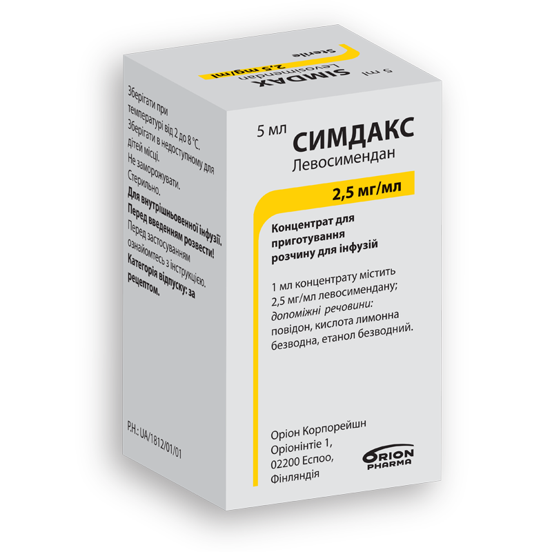 СИМДАКС Оріон Корпорейшн. Конц. для р-ну д/інф. 2,5 мг/мл, фл. 5 мл